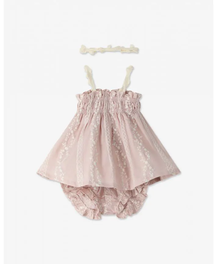 סט שמלה רקומה ובלומרס עם סרט לשיער