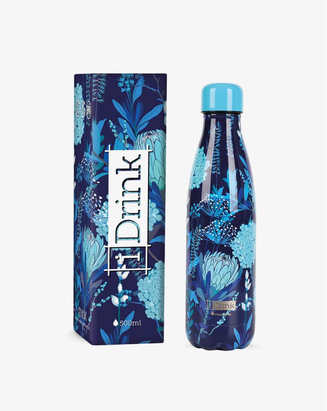 בקבוק שומר חום קור 500 מל - פריחה כחולה IDRINK